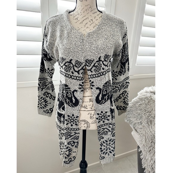Elephant Print Open Cardigan Sweater Grey Black Cotton Blend NWOT - Picture 2 of 13